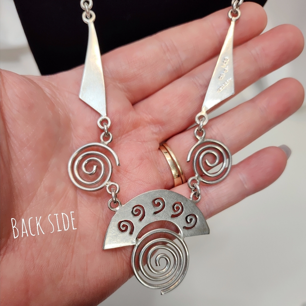 Vintage TAXCO Modernist Geometric Swirls Solid Sterling Silver Necklace 20 Inch - Picture 5 of 11